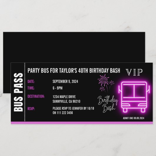 Party Bus Pass Ticket VIP Verjaardag Kaart (Voorkant / Achterkant)