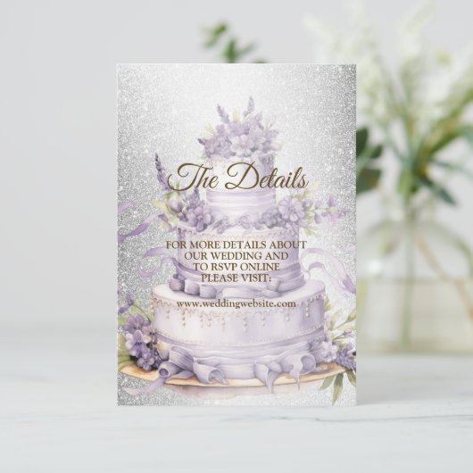 Party Cake Lavendel Floral Elegant Bruiloft Informatiekaartje (Staand voorkant)