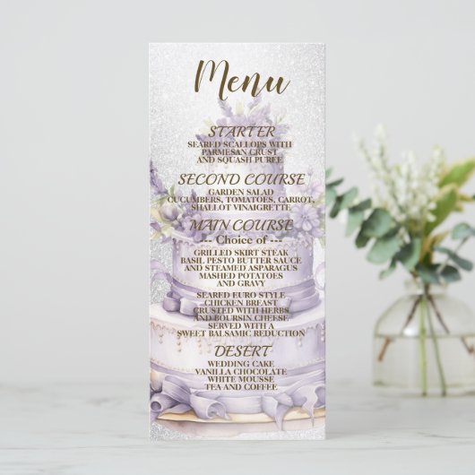 Party Cake Lavendel Floral Elegant Bruiloft Menu (Staand voorkant)