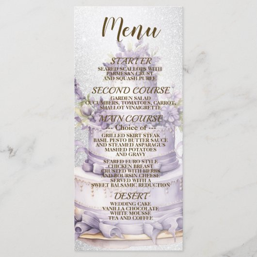 Party Cake Lavendel Floral Elegant Bruiloft Menu (Voorkant)