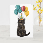 Party Cat Birthday Card – Cute Black Cat with Ball Kaart (Gele Bloem)
