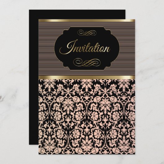 Party Celebration Invitation in Roos, Black & Gold Kaart (Voorkant / Achterkant)