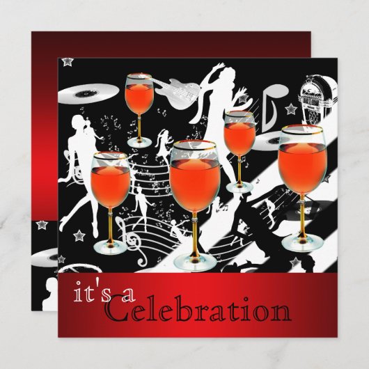 Party Celebration Red Wine Glass Retro Music Kaart (Voorkant / Achterkant)