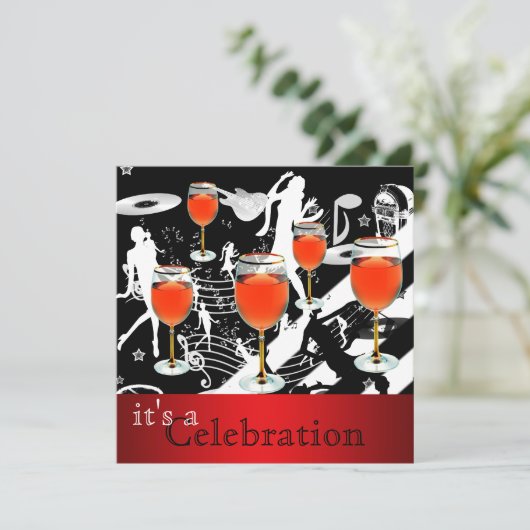 Party Celebration Red Wine Glass Retro Music Kaart (Staand voorkant)