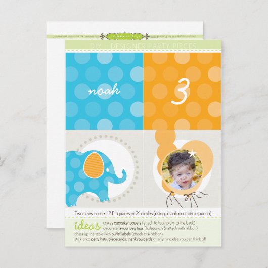 PARTY CIRCLES:: olifant + ballonnen 1 Uitnodiging Briefkaart (Voorkant / Achterkant)