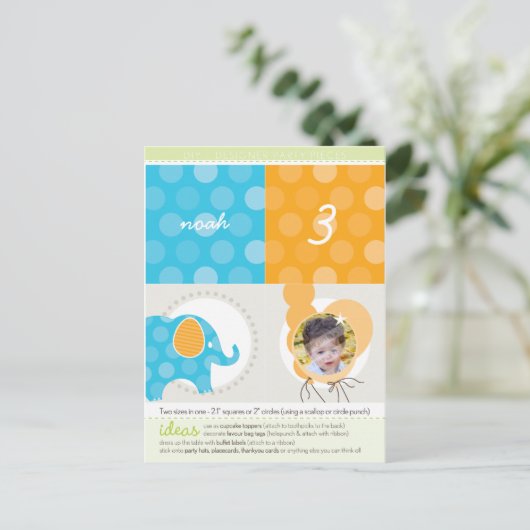 PARTY CIRCLES:: olifant + ballonnen 1 Uitnodiging Briefkaart (Staand voorkant)