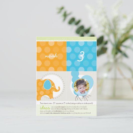 PARTY CIRCLES:: olifant + ballonnen 2 Uitnodiging Briefkaart (Staand voorkant)