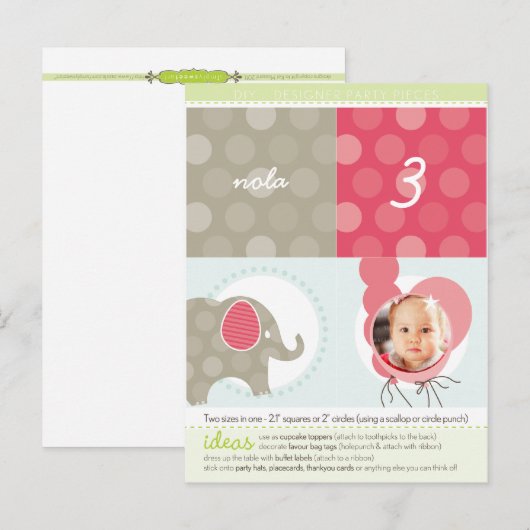 PARTY CIRCLES:: olifant + ballonnen 3 Uitnodiging Briefkaart (Voorkant / Achterkant)