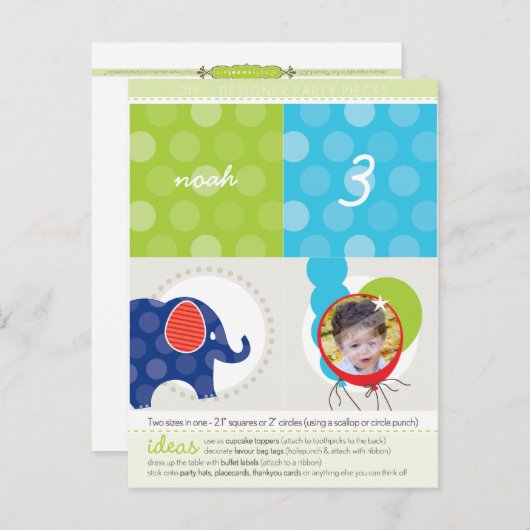 PARTY CIRCLES:: olifant + ballonnen 3 Uitnodiging Briefkaart (Voorkant / Achterkant)