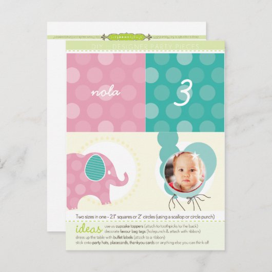 PARTY CIRCLES:: olifant + ballonnen 5 Uitnodiging Briefkaart (Voorkant / Achterkant)