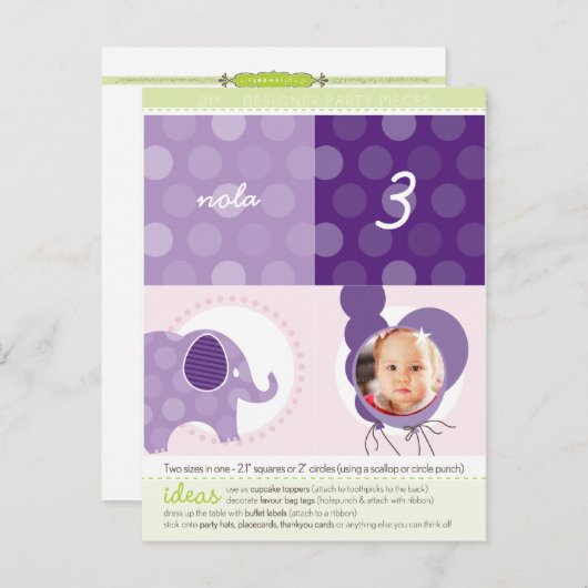 PARTY CIRCLES:: olifant + ballonnen 6 Uitnodiging Briefkaart (Voorkant / Achterkant)