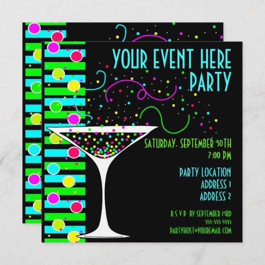 Party Confetti Cocktail Invitation Kaart (Voorkant / Achterkant)