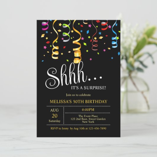 Party Confetti Ribbon Black Surprise Verjaardag Kaart (Staand voorkant)