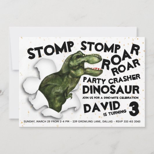 Party Crasher Dinosaur verjaardagsuitnodiging Kaart (Voorkant)