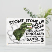 Party Crasher Dinosaur verjaardagsuitnodiging Kaart (Staand voorkant)
