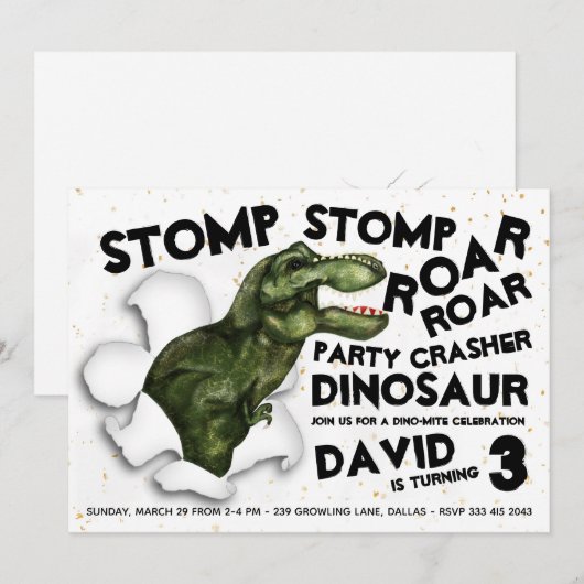 Party Crasher Dinosaur verjaardagsuitnodiging Kaart (Voorkant / Achterkant)