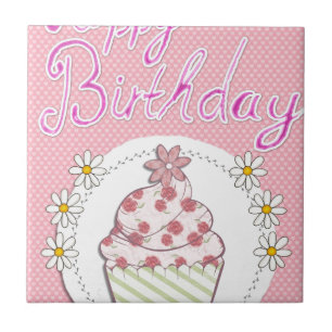 Party Cupcake Roze Happy Birthday Tegeltje