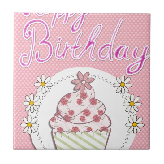 Party Cupcake Roze Happy Birthday Tegeltje (Voorkant)