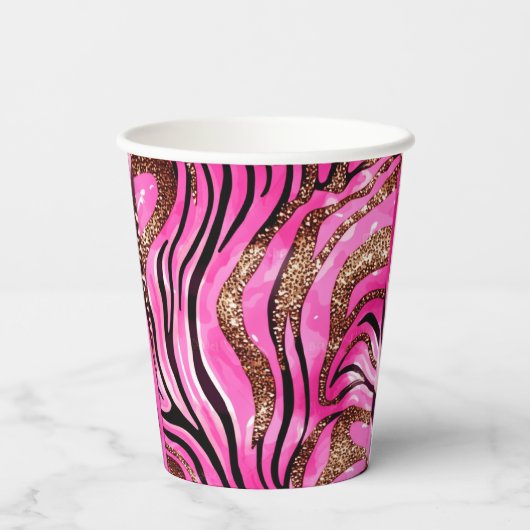 Party Dier Tijger Print Papier Cup, Roze Glitter Papieren Bekers (Achterkant)