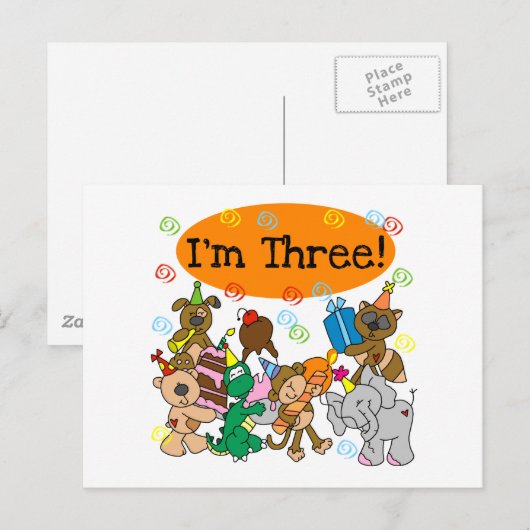 Party Dieren 3e verjaardag Tshirts Uitnodiging Briefkaart (Voorkant / Achterkant)