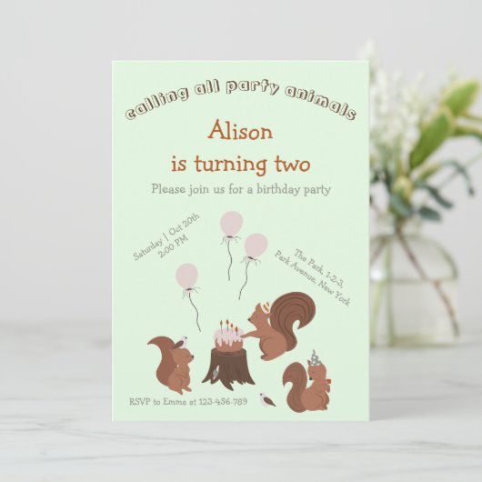 Party Dieren Eekhoorn Verjaardagsfeest Uitnodiging (Staand voorkant)