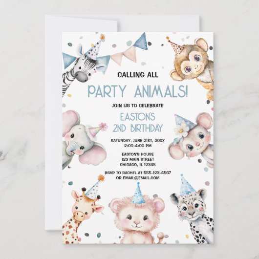 Party dieren leuke safari jongen verjaardagsfeestj kaart (Voorkant)