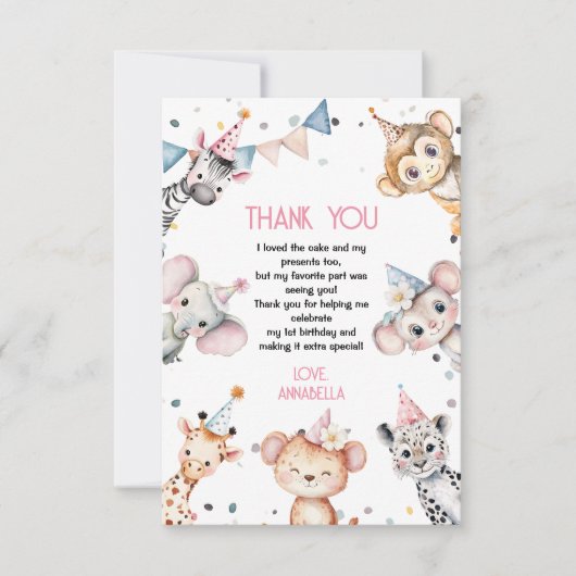 Party dieren leuke safari meisje verjaardagsfeestj bedankkaart (Voorkant)