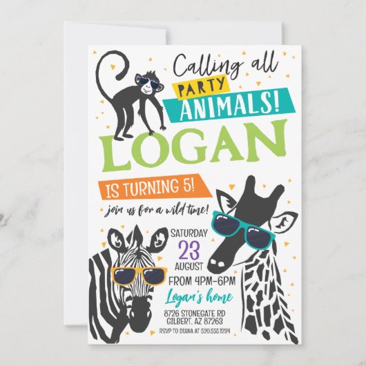 Party Dieren Moderne Verjaardag Uitnodiging (Voorkant)