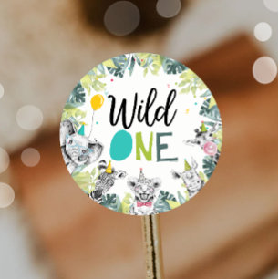 Party Dieren Safari Boy Wild Een Eerste Verjaardag Ronde Sticker
