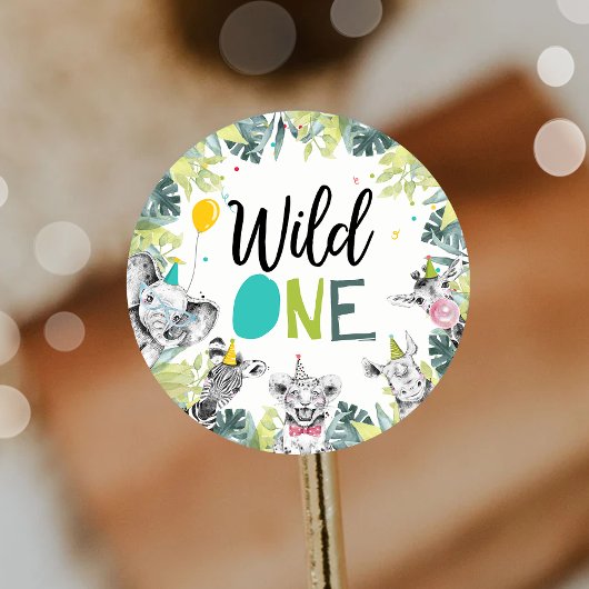 Party Dieren Safari Boy Wild Een Eerste Verjaardag Ronde Sticker