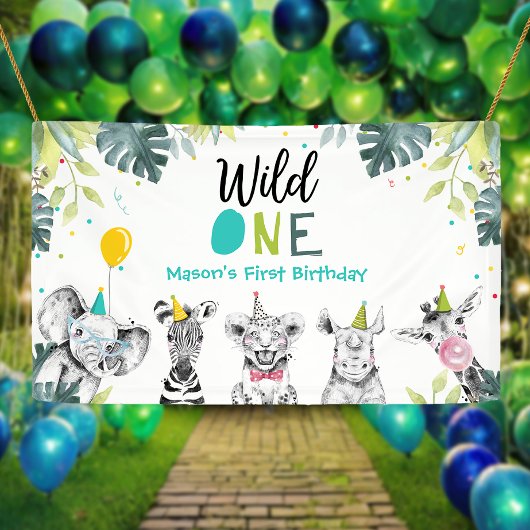 Party Dieren Safari Boy Wild Een Eerste Verjaardag Spandoek