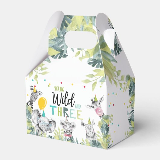 Party Dieren Safari Jong Wild en Drie Verjaardag Bedankdoosjes (Voorkant Zijde)