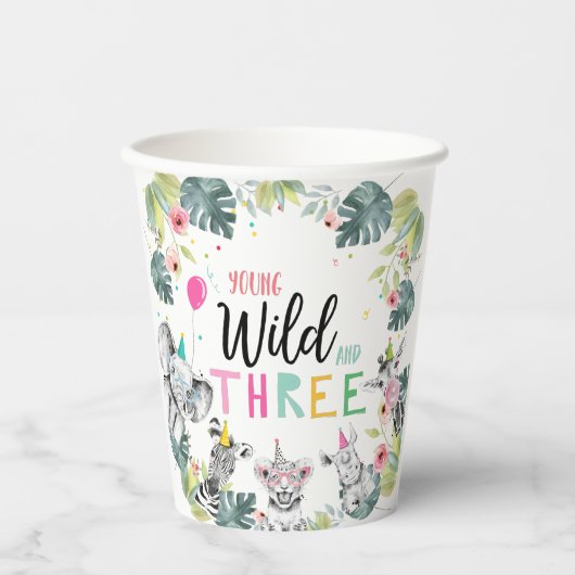 Party Dieren Safari Jong Wild en Drie Verjaardag Papieren Bekers (Voorkant)
