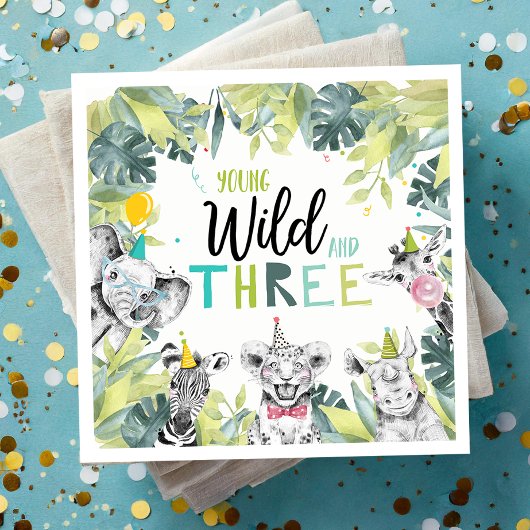 Party Dieren Safari Jong Wild en Drie Verjaardag Servet