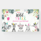 Party Dieren Safari Meisje Derde Verjaardag Achter Spandoek (Horizontaal)