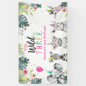 Party Dieren Safari Meisje Derde Verjaardag Achter Spandoek (Verticaal)