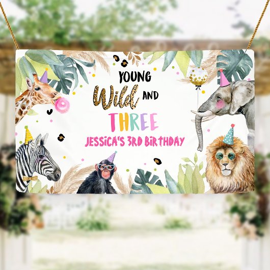 Party Dieren Safari Meisje Derde Verjaardag Achter Spandoek