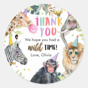 Party Dieren Safari Meisje Roze Dank u Wild Time Ronde Sticker