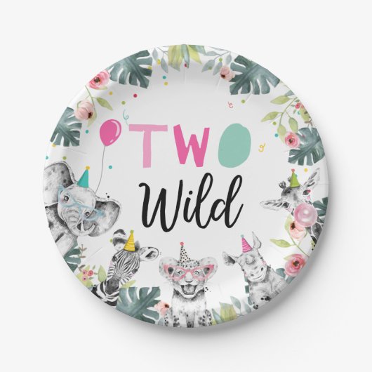 Party Dieren Safari Meisje Roze Tweede Verjaardag Papieren Bordje (Voorkant)