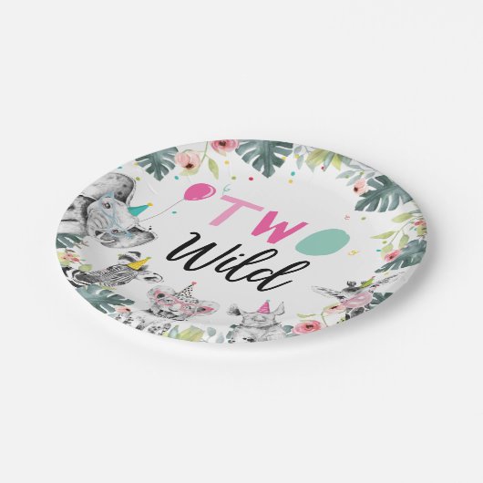 Party Dieren Safari Meisje Roze Tweede Verjaardag  Papieren Bordje (Gekanteld)