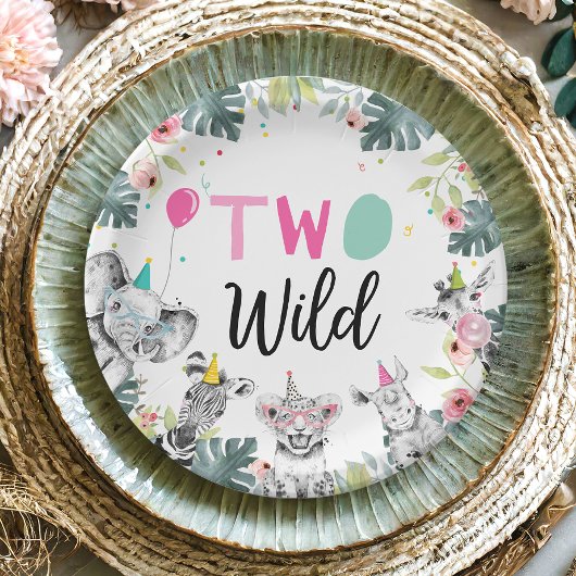 Party Dieren Safari Meisje Roze Tweede Verjaardag  Papieren Bordje