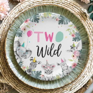 Party Dieren Safari Meisje Roze Tweede Verjaardag  Papieren Bordje