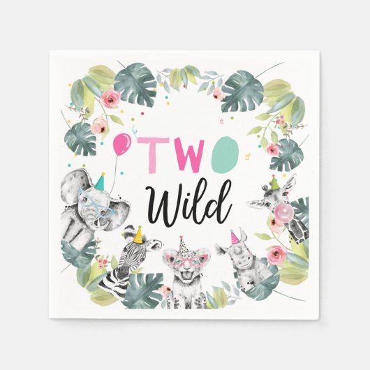 Party Dieren Safari Meisje Roze Tweede Verjaardag  Servet (Voorkant)