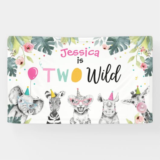Party Dieren Safari Meisje Twee Wild Roze Achtergr Spandoek (Horizontaal)
