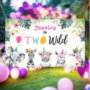 Party Dieren Safari Meisje Twee Wild Roze Achtergr Spandoek