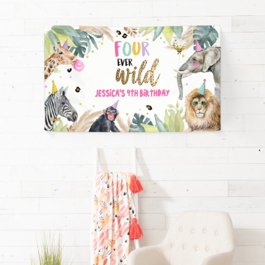 Party Dieren Safari Meisje Vierde Verjaardag Achte Spandoek (Insitu)