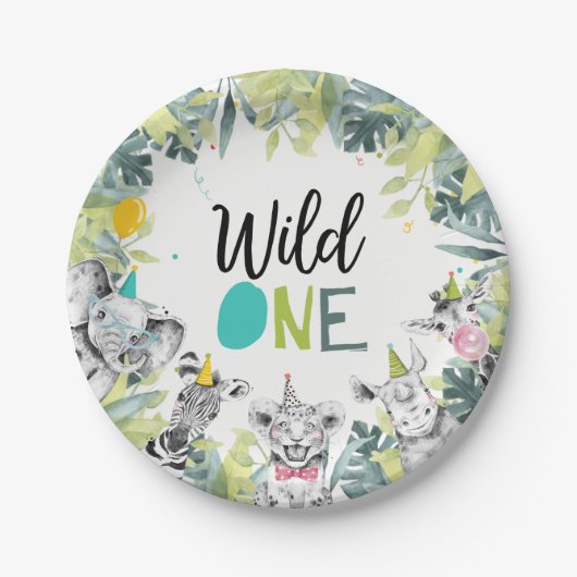 Party Dieren Safari Wild Een Jongen Verjaardagsfee Papieren Bordje (Voorkant)