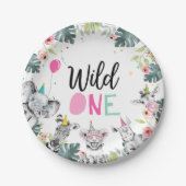Party Dieren Safari Wild Een Meisje Eerste Verjaar Papieren Bordje (Voorkant)