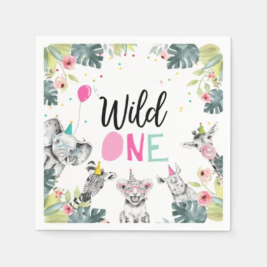 Party Dieren Safari Wild Een Meisje Eerste Verjaar Servet (Voorkant)