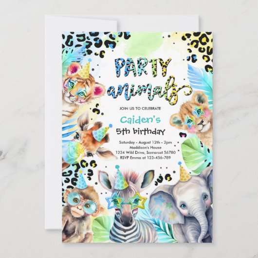 Party Dieren Wild Safari Blauw Jongen Verjaardagsf Kaart (Voorkant)